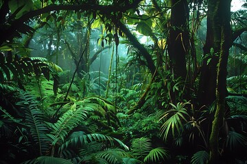 A dense tropical rainforest with thick vegetation, towering trees, and a variety of plants and vines.