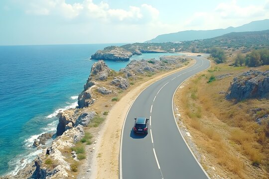 Coastal road trip car driving scenic seaside highway, cliffside view, summer travel