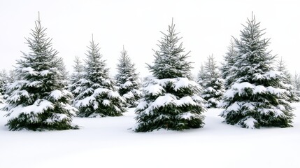 Snow covered evergreen trees on a cold hillside - A serene winter scene featuring snow-laden evergreen trees, symbolizing tranquility, nature, cold, beauty, and resilience.