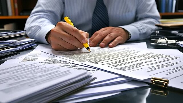 A businessperson carefully reviewing a contract, highlighting important sections with a yellow marker, while other legal documents are spread across the desk.