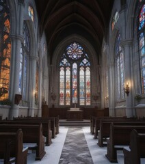Snow-covered church with stained glass windows, christmas decorations, church interior