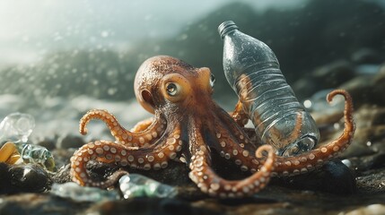 An octopus with a plastic bottle. A plastic octopus with a spout. Generative bottle with ai. A plastic bottle with an lifestyle octopus.