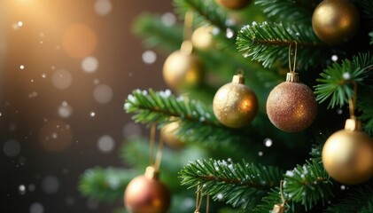 Obraz premium Snowflakes gently falling on a gold-ornamented Christmas tree background, evergreen, holly, holiday decorations