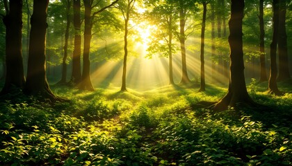Obraz premium The Beauty of Sunlight Filtering Through the Dense Forest Trees