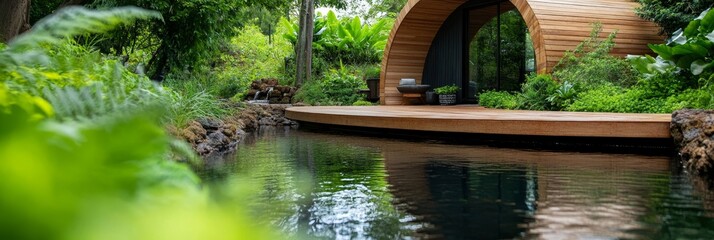 Obraz premium Secluded Wooden Cabin by the Pond - Tranquil scene of a modern wooden cabin nestled beside a serene pond, surrounded by lush greenery. Perfect for relaxation and escape.