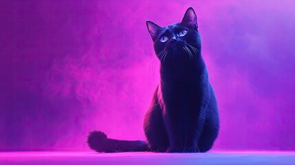 Elegant black cat smirking confidently on a neon purple background, giving off a mysterious yet joyful vibe.