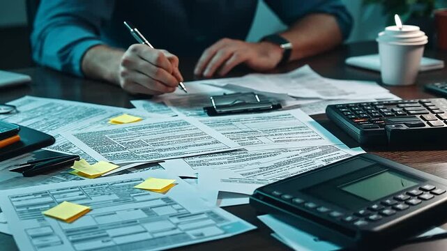 A high-angle shot of a cluttered desk with tax forms, financial records, and handwritten notes, as a person organizes papers with a stapler and sticky notes.