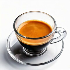 Aesthetic coffee in a clear mug, angle perspective top view, isolated white background