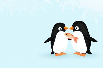 Naklejka premium Two Cartoon Penguins Sharing a Fish - Two adorable cartoon penguins sharing a fish against an icy blue background showcasing friendship love sharing and joy.