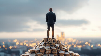 Saving Strategies to Achieve Economic Goals. Man standing on a pile of coins overlooking a cityscape at sunset.