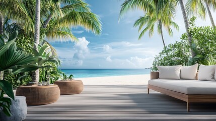 Fototapeta premium Tropical beach lounge; ocean view, relaxation