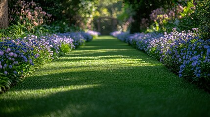 Obraz premium Sunlit Garden Path Lined with Flowers