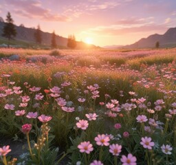 Obraz premium Soft focus sunset over a wildflower-filled meadow with gentle hues of pink and orange, flower fields, sunset