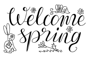 Elegant handwritten lettering Welcome spring with floral and bunny illustrations, perfect for seasonal greetings and spring themes. Vector black and white calligraphy isolated on white background