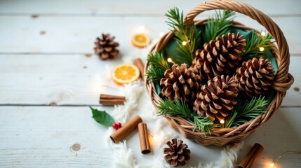 A Festive Basket of Pine Cones, Evergreen Sprigs, and Cinnamon Sticks on a White Wooden Surface with Fairy Lights and Dried Orange Slices
