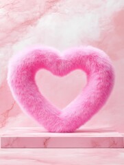 Pink Heart Shaped Plush Decoration - A fluffy pink heart-shaped decoration set against a soft pink background, ideal for love-themed d&eacute;cor or gifts.