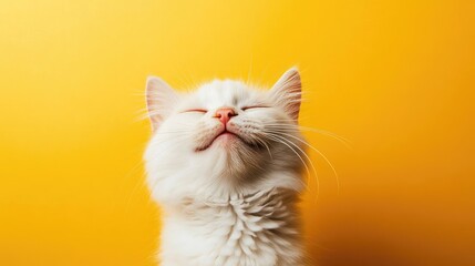 Fluffy white cat grinning playfully against a bright yellow backdrop, whiskers twitching with delight.