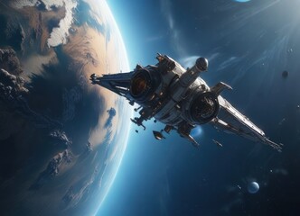 Obraz premium Spacecraft flying above the Blue Planet's oceans,, blue planet, planetary terrain