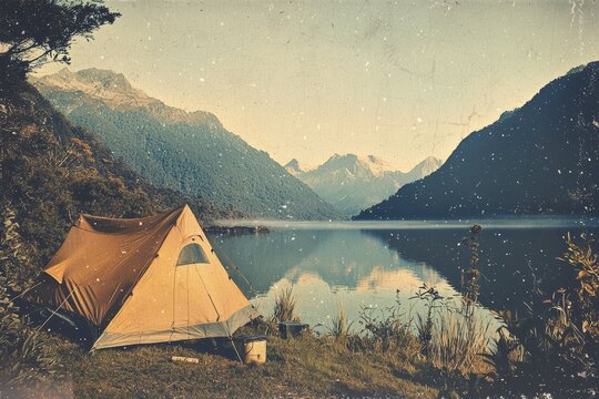 Camping by the tranquil lake with mountain view in vintage effect photography