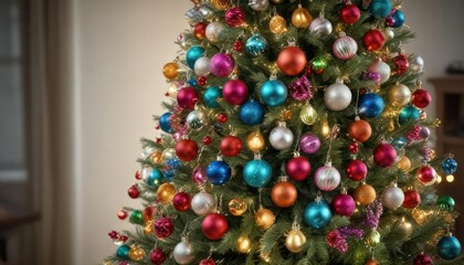 Sparkling garlands and colorful ornaments surrounding a small decorated tinsel Christmas tree, colorful patterns, ornament embellishments
