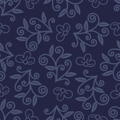 Trendy seamless vector floral pattern. Endless print made of small colorful flowers, leaves and berries. Summer and spring motifs. Dark blue background.Vector illustration