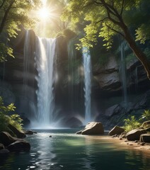 Spectacular waterfall cascading through trees with sunlight gleaming on water, glow, shimmering, flowing, sunlight, reflection