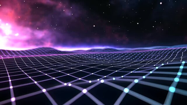 An abstract tech-inspired background with interconnected light trails, holographic data streams, and a shimmering digital grid floating in deep space.