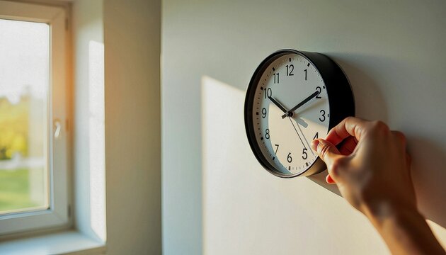 Hand Adjusting Analog Wall Clock Close-up