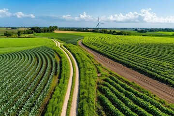 Climate science and green finance. Aerial view of lush green fields and winding dirt paths.