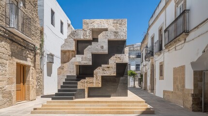 Obraz premium High-contrast modern staircase cutting through geometric volumes in a bold architectural space.