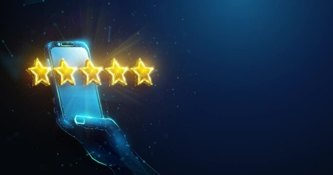Lowpoly Animation of 5 Stars Review Over Smartphone. Online shopping; customer feedback and client oriented e-commerce business abstract looped animated concept by wireframe mesh on blue background