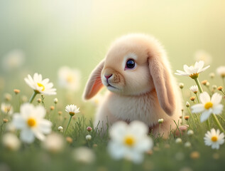 Whimsical Peace: An Adorable Fluffy Bunny with Enchanting Eyes Nestles Amidst a Serene Meadow of White Blossoms