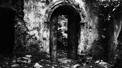 Fototapeta premium Arched doorway of an abandoned crumbling building stands open