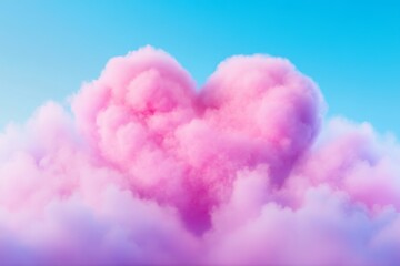 Naklejka premium Pink Heart Shaped Cloud in Blue Sky - A heart-shaped pink cloud surrounded by fluffy clouds under a clear blue sky creating a serene and romantic atmosphere.