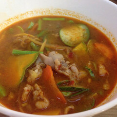 Chicken Jungle Curry, Kang pa, red Thai mixed vegetable and chicken spicy curry  without coconut milk