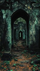 Obraz premium Archway of weathered stone leads through ruins and jungle