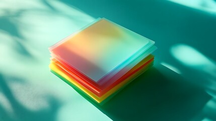 Stacked colorful translucent acrylic sheets on teal background with shadows.