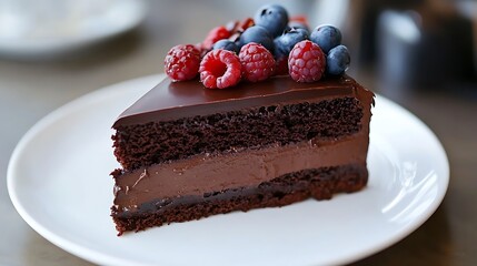 Delicious chocolate cake slice with berries.