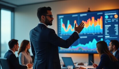 confident indian business leader presenting interactive data