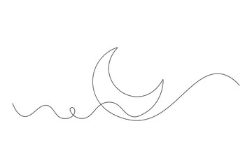 Continuous one line drawing of moon ramadan with black and white vector icon
