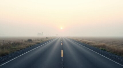 Fototapeta premium A misty sunrise illuminates a long, straight highway disappearing into the fog, promising a journey of untold possibilities and a sense of peaceful solitude.