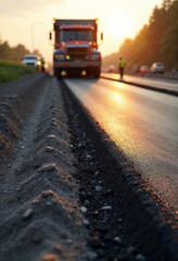 Fototapeta premium Highway construction site with fresh asphalt, workers, and paving machinery in warm sunlight.