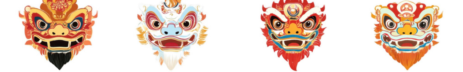 Obraz premium PNG Colorful traditional lion masks, element set on transparent background 