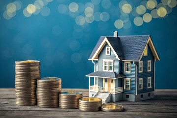 A miniature blue house beside stacks of coins, symbolizing real estate investment and financial growth against a bokeh background.
