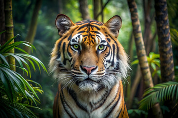 Obraz premium A striking close-up of a tiger, showcasing its intense gaze and vibrant orange and black stripes, set against a lush, green background.