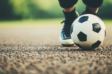 A close-up view of a soccer player preparing to kick the ball on a grassy field, showcasing athleticism and focus.