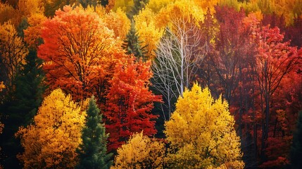 A mixed forest in autumn, with trees of different species showcasing a riot of fall colors – red, orange, yellow, and brown.