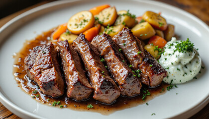 A succulent beef steak served with golden roasted potatoes and a dollop of herb-infused butter.