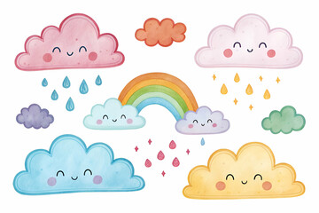 A cheerful illustration featuring cute, smiling clouds, a vibrant rainbow, and colorful raindrops, perfect for kids' art and joyful themes.