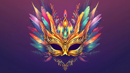 Fototapeta premium Ornate Carnival Mask with Vibrant Feathers, A detailed close-up of a golden carnival mask adorned with colorful feathers.